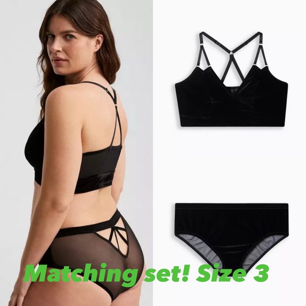 Matching lingerie set velour mesh strappy bralette & hipster panties goth witchy
